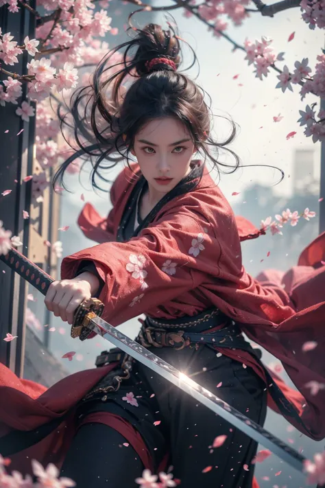 <lora:SwordSakura:0.7>,cherry blossoms,looking at viewer,<lora:niji_wushi:0.5>,holding sword,blade to side,strike pose,blade down,blade right hand,<lora:UBWKatanaOneHand:0.5>,(photorealistic,realistic,photo-realistic),upper body,(masterpiece, best quality, high quality, highres, ultra-detailed),