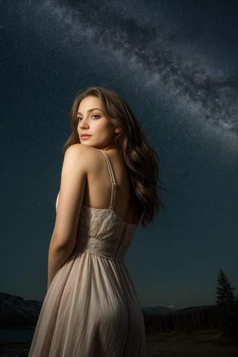 most beautiful woman on the planet earth in front of a starry sky with the milky way and northern lights in beautiful expression...