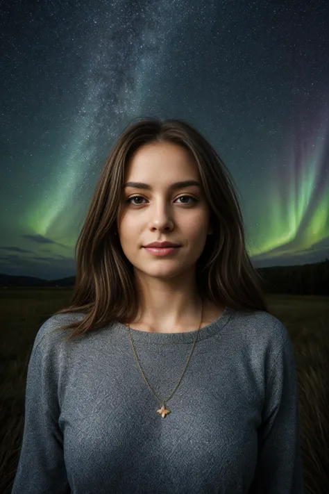 a woman standing in a field with the aurora lights in the background