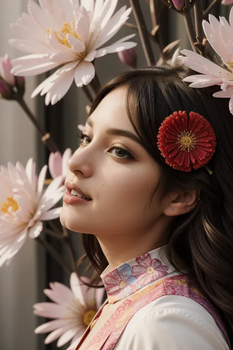 a close up of a woman with a flower in her hair