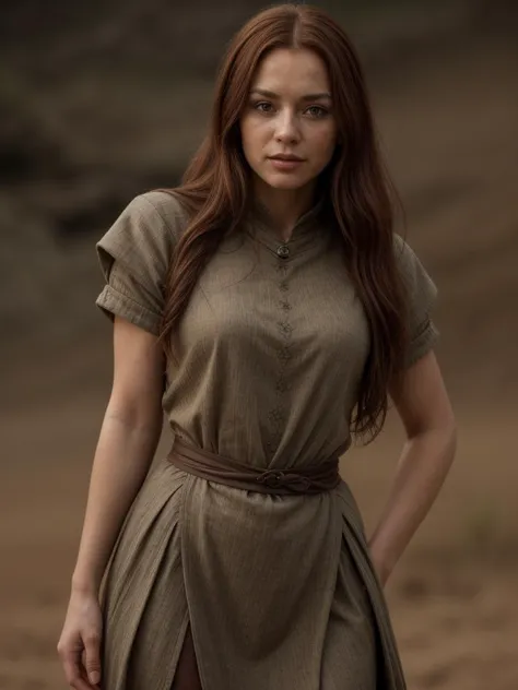 a woman in a brown dress standing in a field