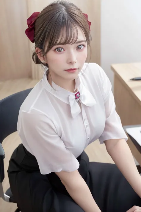 a close up of a woman sitting on a chair in a room