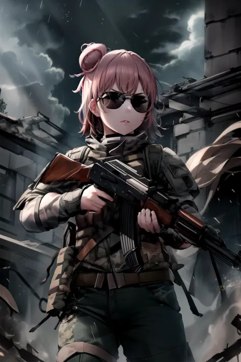 (best quality,masterpiece,best detail:1.4),(beautiful),(military outfit, body armor,black sunglasses),1girl,looking afar,glaring,(black tactical gears),(holding gun,assault rifle,aiming at viewer:1.2),AK-47, AKM, kalashnikov_rifle, assault_rifle,desert,ruins,(raining,dark clouds:1.2),  <lora:ak47_7:0.95>  <lora:1more_details:0.2> <lora:yui_yuigahama_v2:0.95> yui yuigahama, short hair, single hair bun,