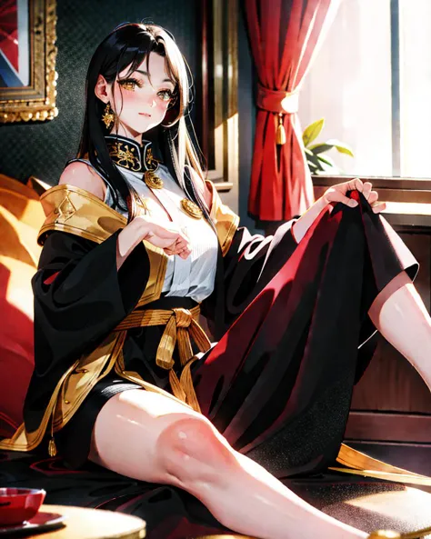 anime - style woman in a black and gold outfit sitting on a bed