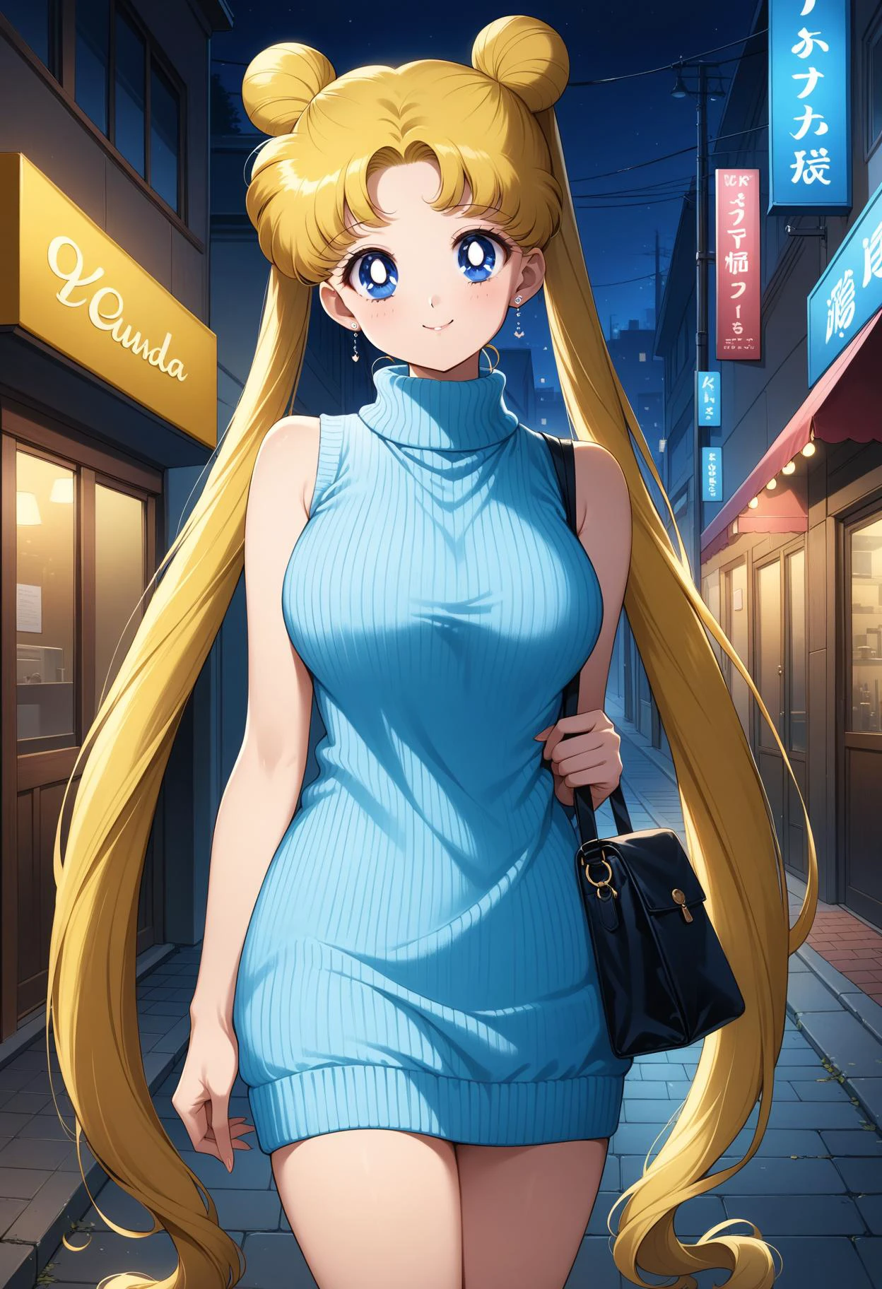 (masterpiece, best quality, very aesthetic, ultra detailed), intricate details, 4k, aausagi, long hair, double bun, twintails, parted bangs, earrings, blue eyes, ribbed sweater, sweater dress, sleeveless, turtleneck, shoulder bag, smile, night, street, standing, cowboy shot,