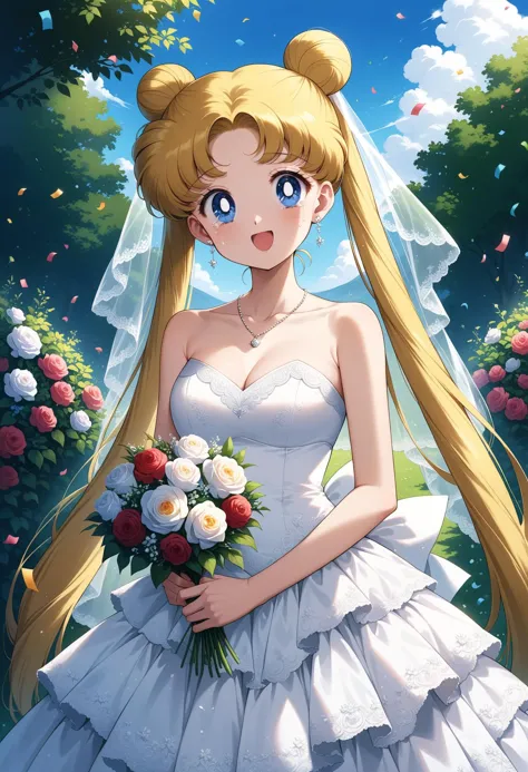 (masterpiece, best quality, very aesthetic, ultra detailed), intricate details, 4k, aausagi, long hair, double bun, twintails, parted bangs, earrings, blue eyes, <lora:sailor_moon_animaginexl_v1:0.9>, wedding dress, white dress, strapless, necklace, garden, confetti, smile, open mouth, tearing up, cowboy shot, standing, holding bouquet, bridal veil