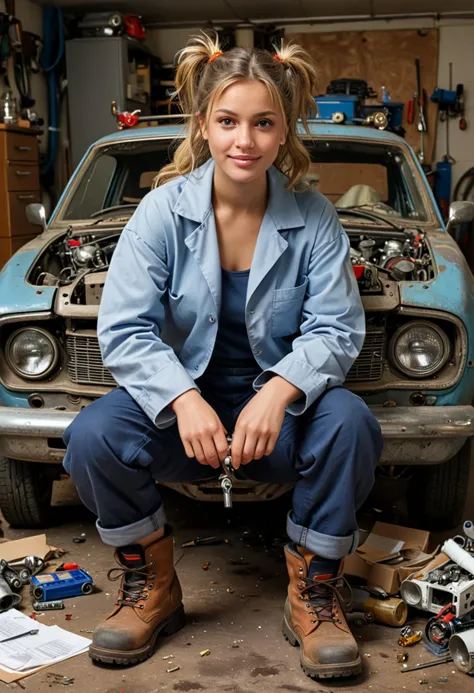 (medium full shot) of (brilliant mad scientist) young woman, american, tan skin, light brown eyes, petite build, medium blonde p...