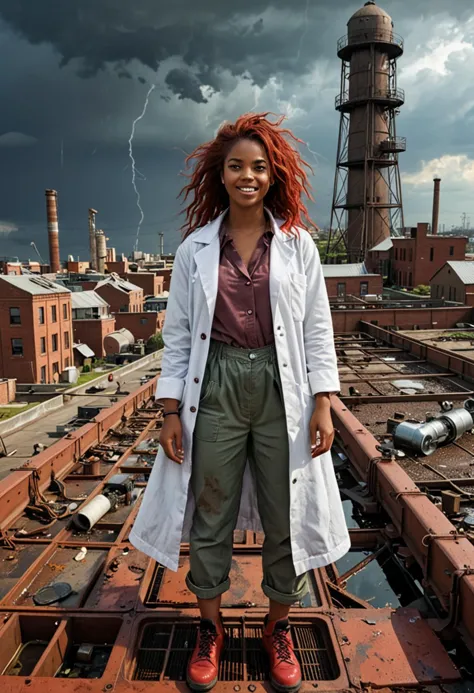 (medium full shot) of (crazed mad scientist) young woman, african, dark skin, brown eyes, lithe build, long red shag cut hair, w...