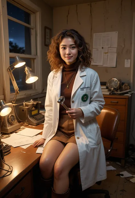 (medium full shot) of (manic mad scientist) young woman, korean, tan skin, light brown eyes, tiny build, extra long brown curly ...