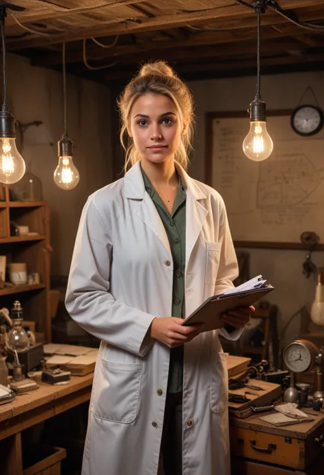 (medium full shot) of (frenetic mad scientist) young woman, italian, tan skin, light brown eyes, slim build, long blonde low bun...