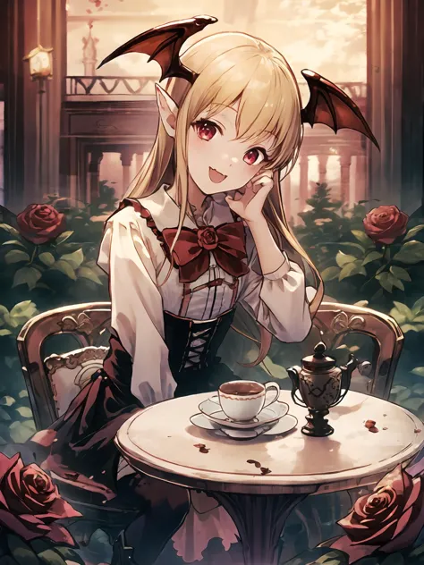 anime girl sitting at a table with a cup of coffee