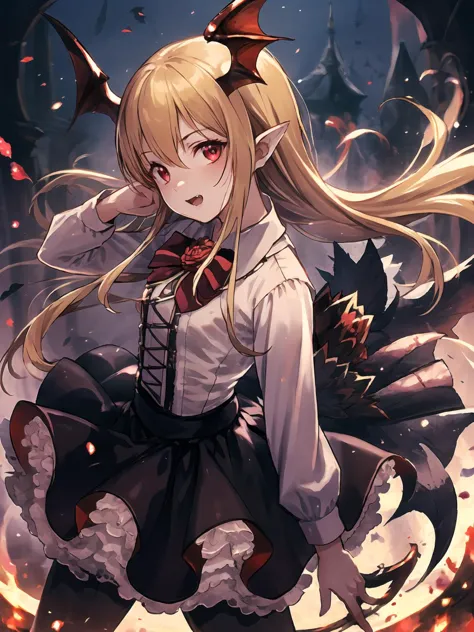 masterpiece,best quality,highres,cinematic lighting,dramatic angle,<lora:VampyAllV1-000020:0.8>,1girl,blonde hair,red eyes,head wings,fangs,looking at viewer,white shirt,corset,frills,black skirt,bowtie,rose,pantyhose,Vampy,bats,serious,fighting stance,casting spell,blood moon,glowing eyes,dynamic angle,dark magic,aura,blood magic,