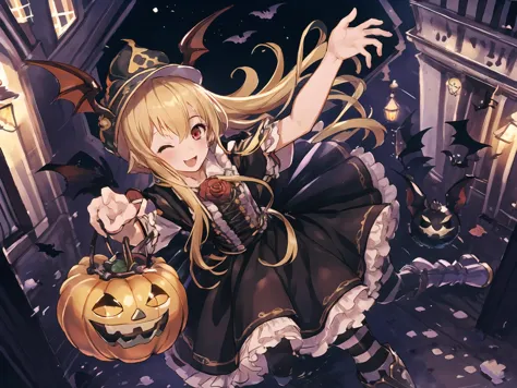 anime girl in a black dress holding a pumpkin and a broom