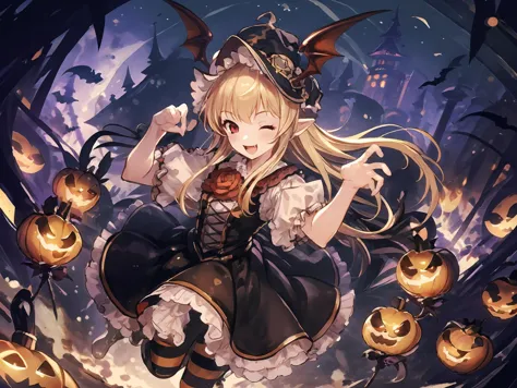 masterpiece,best quality,highres,cinematic lighting,dramatic angle,<lora:VampyAllV1-000020:0.8>,1girl,blonde hair,red eyes,head wings,fangs,looking at viewer,halloween,black dress with white short sleeves,frills,hat,bats,paw pose,happy,striped,pantyhose,boots,VampyHalloween,rose,one eye closed,on street,jack-o'-lantern,crowd,cute