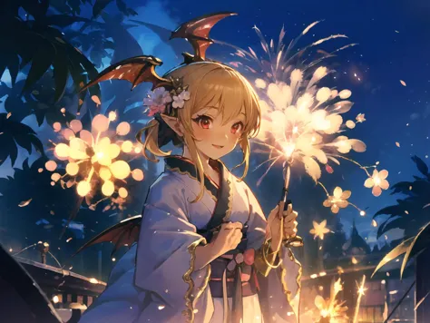 masterpiece,best quality,highres,cinematic lighting,dramatic angle,<lora:VampyAllV1-000020:0.8:lbw=ALL>,1girl,blonde hair,red eyes,head wings,fangs,looking at viewer,smile,kimono,ponytail,braid,blush,VampyKimono,sandals,petals,pointy ears,bangs,holding sparkler,night,new year feastival,fireworks,happy,seaside,crowd,hair ornament,hair flower,