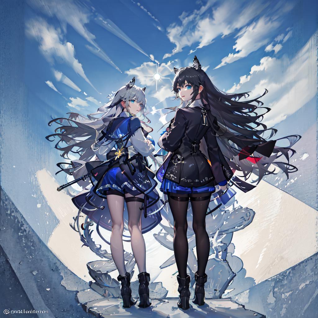 Two anime girls in short skirts and black boots standing next to each other  - SeaArt AI