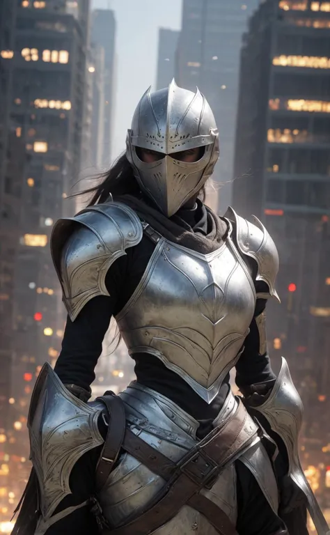 Close up shot of beautiful knight, wearing armor and helmet, standing up, holding glowing sword, fantasy city in background, HD,...