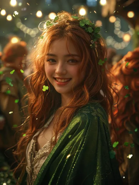 a woman with red hair and a green cape smiles at the camera