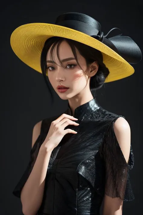 a woman wearing a yellow hat and black dress posing for a picture