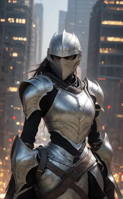 Close up shot of beautiful knight, wearing armor and helmet, standing up, holding glowing sword, fantasy city in background, HD, masterpiece, best quality, hyper detailed, ultra detailed, super realistic,HKStyle 