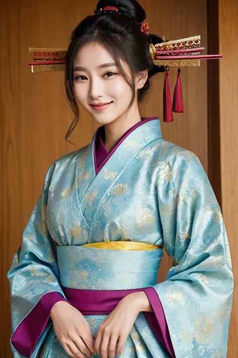 a woman in a fusion of futuristic and samurai-inspired fashion, closed mouth, light smile, facing to the side,  half-closed eyes...