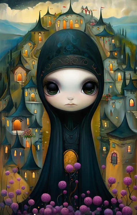 masterpiece,best quality,<lora:tbh158-sdxl:1>,illustration,style of   Jeremiah Ketner, Nazgul over sleeping town