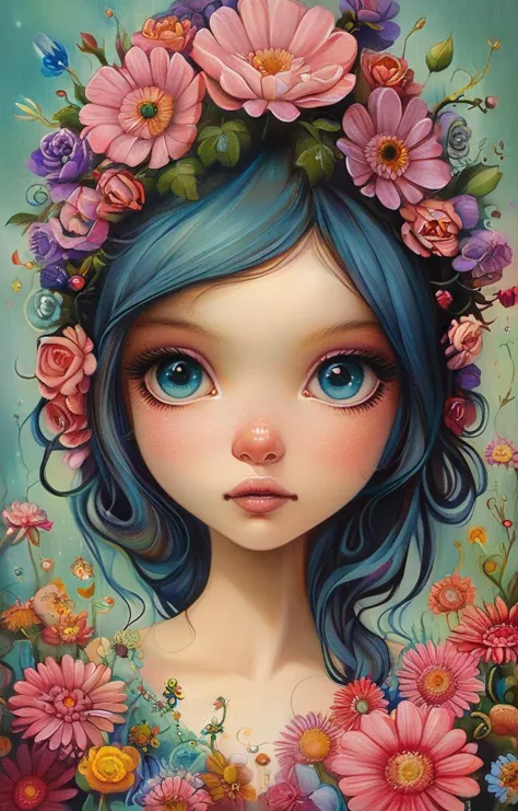 a painting of a girl with blue hair and flowers in her hair