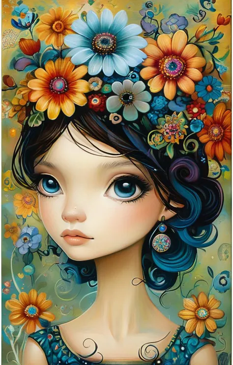 a painting of a girl with flowers in her hair