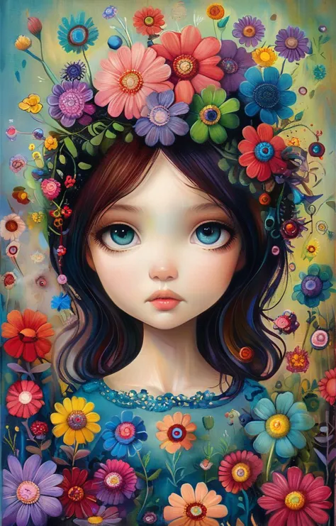 a painting of a girl with flowers in her hair