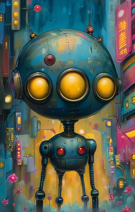 painting of a robot in a city at night with a lot of lights