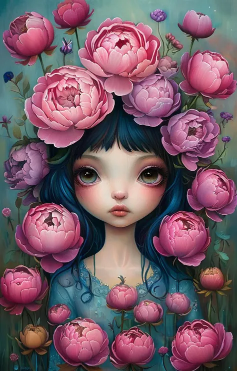 a painting of a girl with flowers in her hair