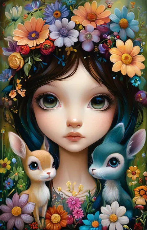 a painting of a girl with flowers and two rabbits