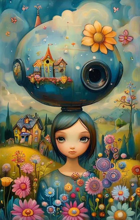 a painting of a girl with a blue head and a flower pot on her head