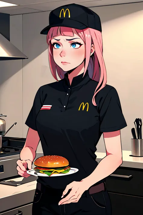 très détaillé, Haute qualité, chef-d&#39;œuvre, Beau, 1fille, seulement, féliciter, McDonaldsUniforme, chemise, black chemise, uniforme, black Poêlets, Poêlets, Casquette, cheveux roses, portion, Burger, cuisine, agacé, Poêle, holding, holding Poêle