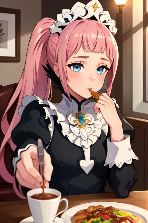 anime girl with pink hair eating a plate of food at a table