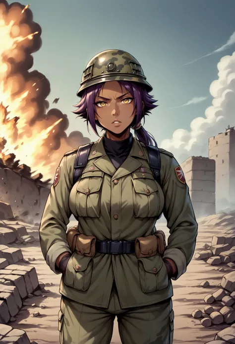 a woman in uniform standing in front of a destroyed building