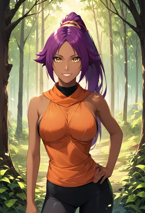 a woman with purple hair and a orange top standing in a forest