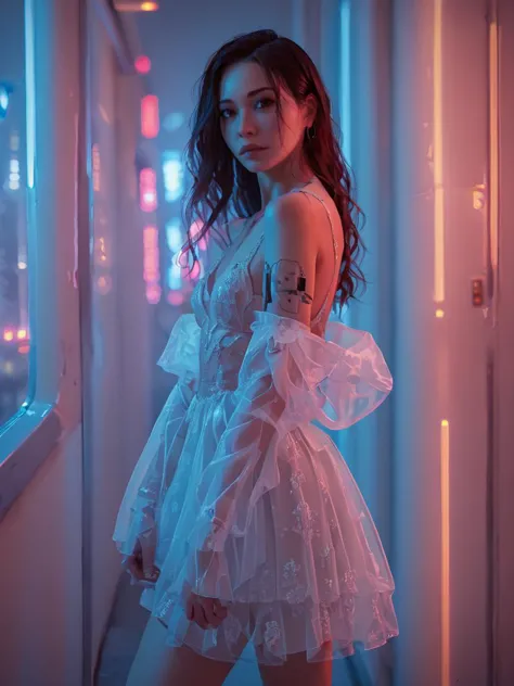 a woman in a white dress standing in a hallway