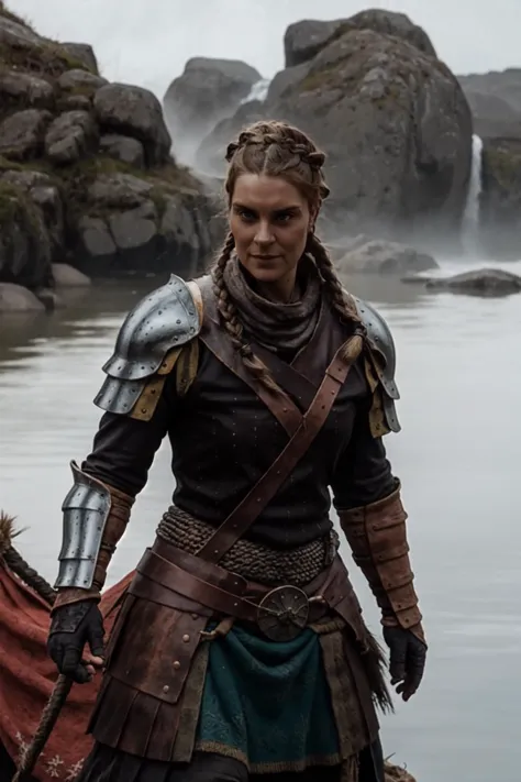 a woman in armor standing next to a body of water