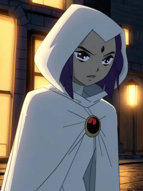 a close up of a person in a white cloak and a building