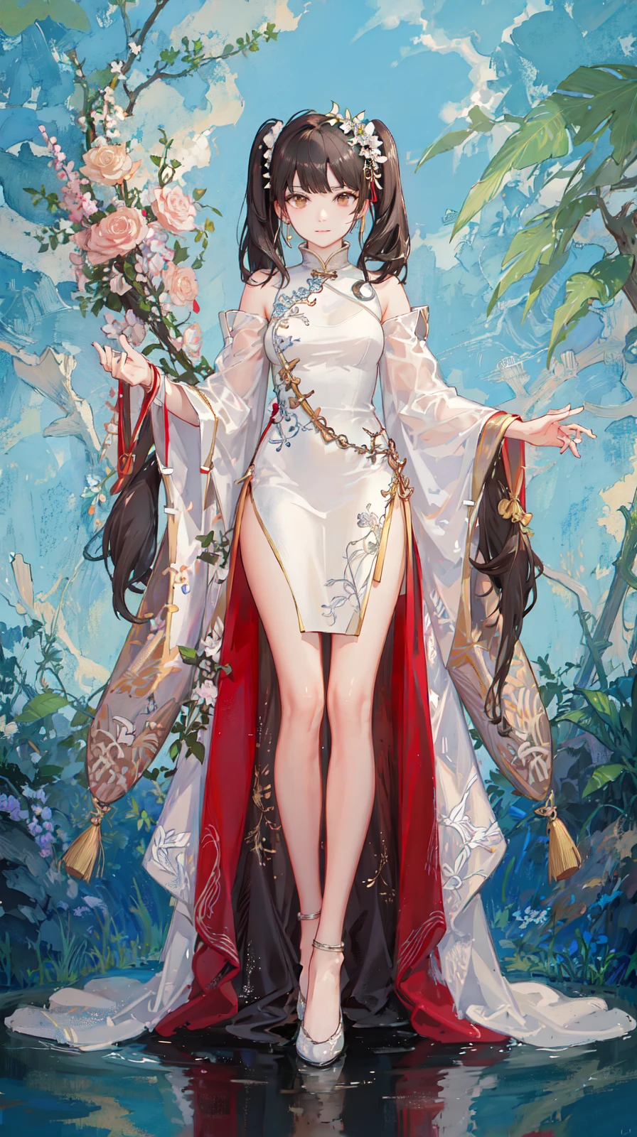 girl,full body,(detailed face:1.2), masterpiece, fashion,chinese dress,, medium hair, black hair, twintails, blunt bangs, brown eyes,