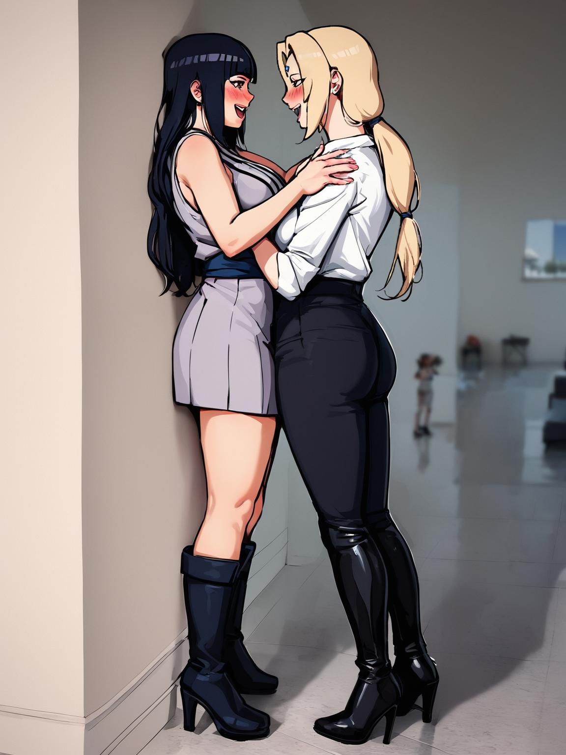 Two women in high heels hugging each other in a hallway - SeaArt AI