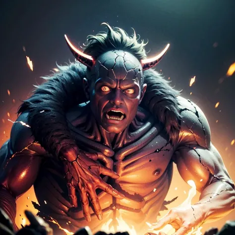 a close up of a demonic looking man with horns and a horned face