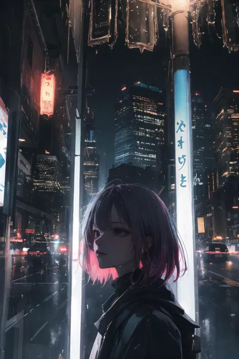 a woman standing in the middle of a city at night