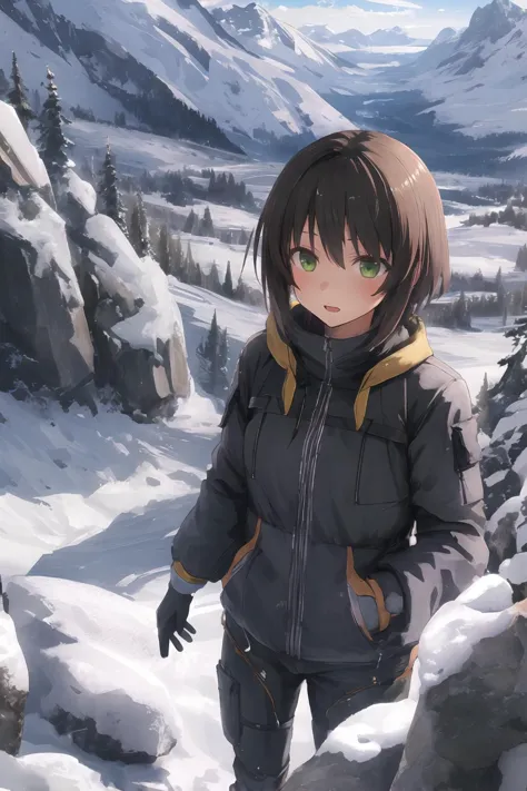 anime girl in a black jacket standing in the snow