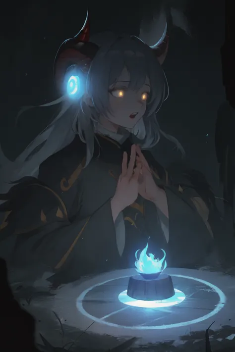 a woman with horns and horns is standing in front of a glowing bowl