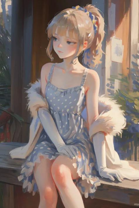 painting of a girl sitting on a bench with a stuffed animal