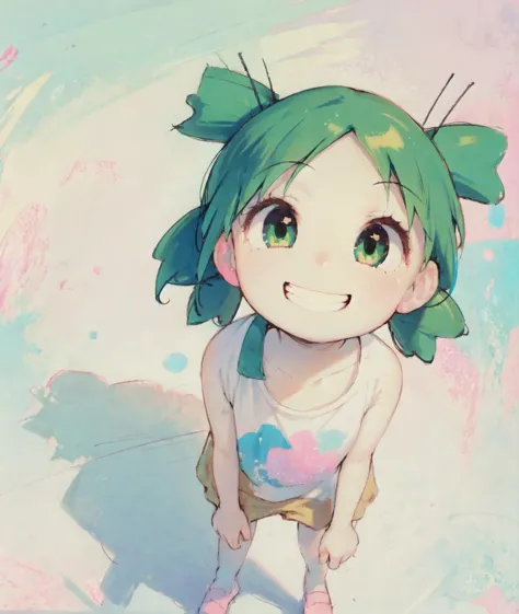 anime girl with green hair and green eyes standing in front of a blue background