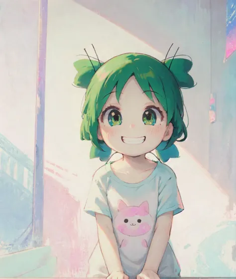 anime girl with green hair and green eyes sitting on a ledge