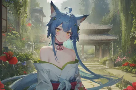 anime girl with blue hair and blue eyes in a garden